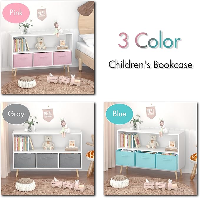 2-Tier Bookcase Bookshelf with Collapsible Fabric Drawers,Cute Book Display Storage Cabinet Organizer for Playroom Livingroom (Pink 2)