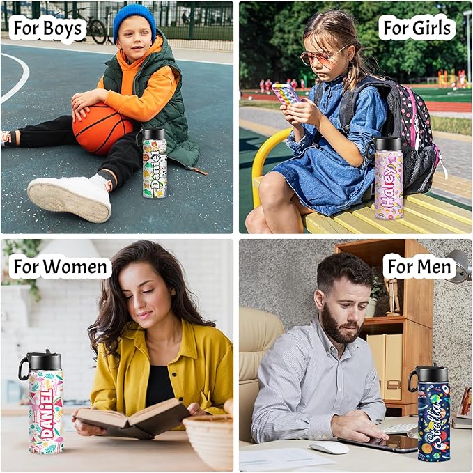 Personalized Water Bottles for Kids for School 18oz Custom Name Insulated Stainless Steel Cup with Straw Lid for Boy Girl Children Customized Sport Tumblers Back to School Birthday Gift BPA FREE