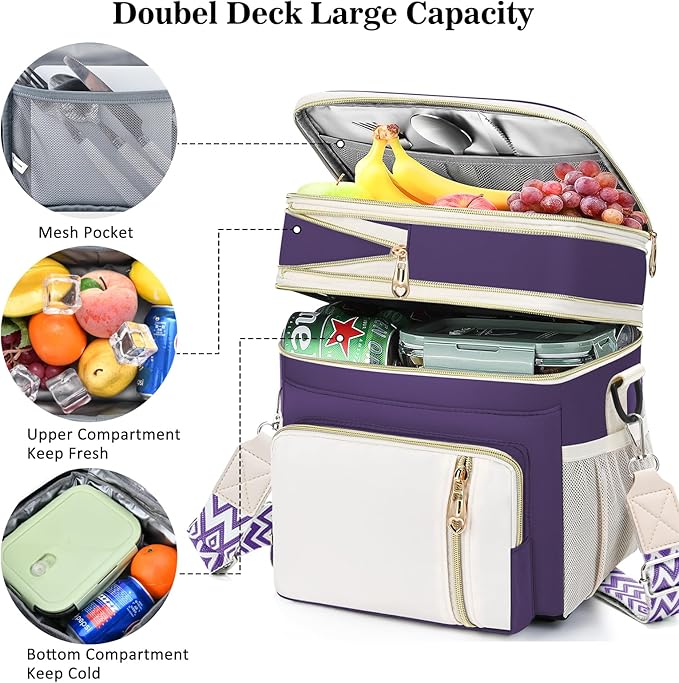 LOKASS Lunch Box for Women-16L-Insulated Lunch Bag Women, Expandable Double-layer Leakproof Cooler Bag with Upgrade Adjustable Shoulder Strap Ideal for Work/Picnics(Purple)