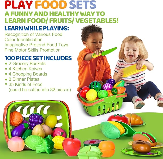 100 PCS Cutting Play Food Toy for Kids Kitchen, Pretend Food Toys for Toddlers, Play Kitchen Toys Accessories with 2 Baskets, Fake Food/Fruit/Vegetable, Birthday Gifts for 3 4 5 6 Years Old Boys Girls