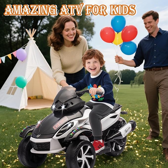 Xinyonxin 12V Kids Electric ATV, 3-Wheeler Motorcycle Ride on Toys for Toddlers w/Music, LED Lights, USB, One-Button Start, Forward/Reverse, Electric All-Terrain Car, Gift for Age 3+ (White)