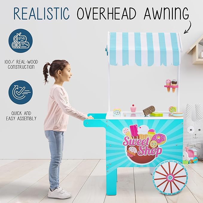Lil’ Jumbl Wooden Sweet Treats Playset, Kids Play Pretend Dessert Stand Push Cart w/ 20+ Ice Cream Cone, Popsicle & Cupcake Accessories, Food Displays, Awning, Freezer, Storage Drawers, Clock & Menus