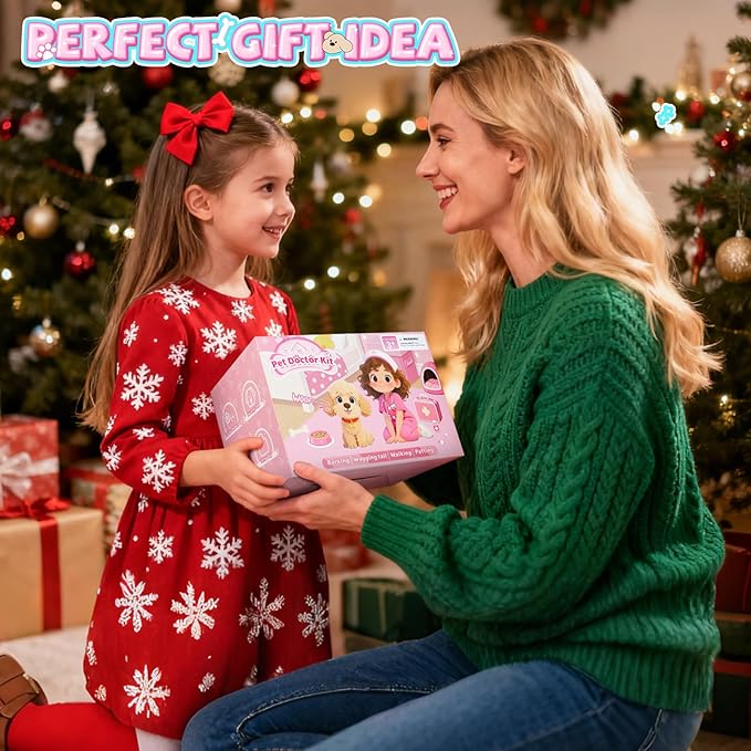 Doctor Kit for Toddlers, 27 Pcs Veterinarian Playset with Walking Dog Toy, Carrying Bag, Stethoscope & Dress Up Costume, Pretend Play Vet Toy for Girls Christmas Birthday Gift Ages 3-6