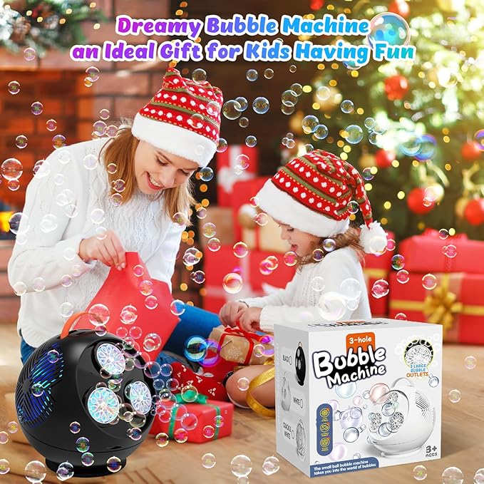 Bubble Machine for Kids Toddlers,45°/360° Auto Rotatable Spherical Bubble Maker Toy with LED Light,Rechargeable Bubble Blower for 3 4 5 Year Old,Wedding Party Easter Birthday Gifts (Spherical Black)