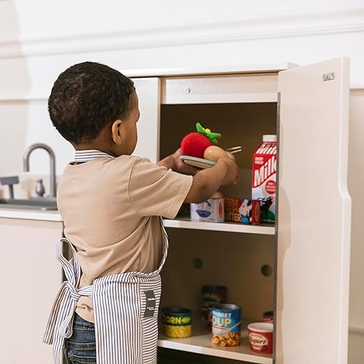 ECR4Kids Play Kitchen Refrigerator, Wooden Playset, White Wash