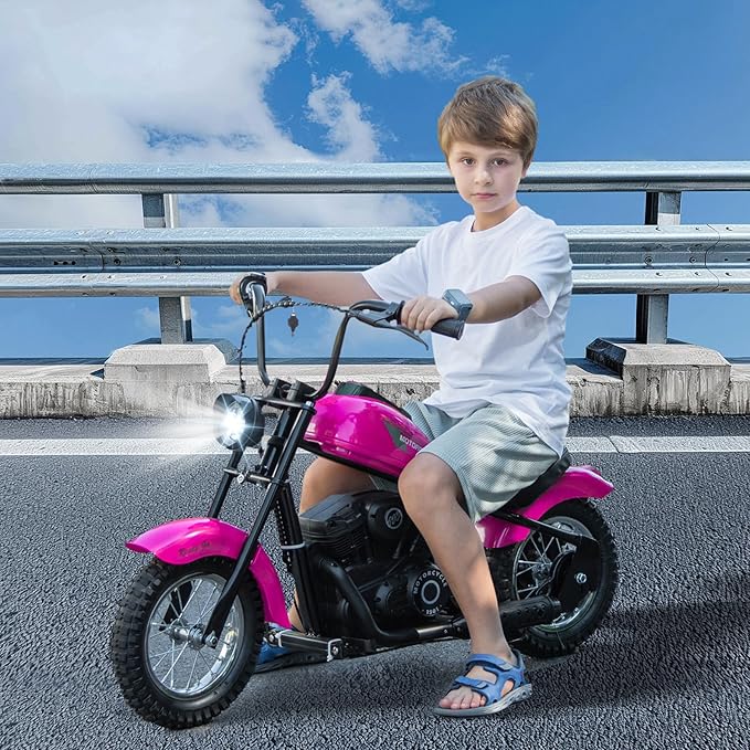 24V 9AH Electric Dirt Bike for Kids, 250W Strong Motor 13.6MPH Fast Speed Electric Retro Off-Road Motorcycle, Leather Seat Dirt Bike, LED Lights, Air-Filled Tires, Pink