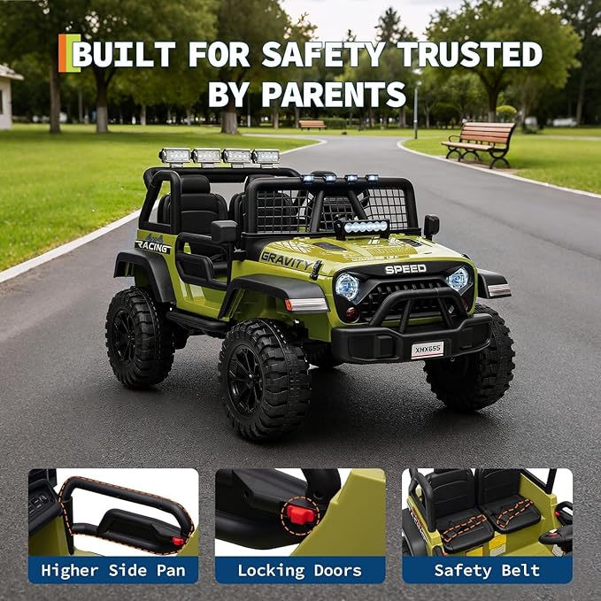 24V Ride on Car for Kids, 2 Seater Electric Truck with Parent Remote Control, Spring Suspension, 2 Speeds, LED Headlight & Music Player, Kids Electric Vehicle for Aged 3-8 Years, Green