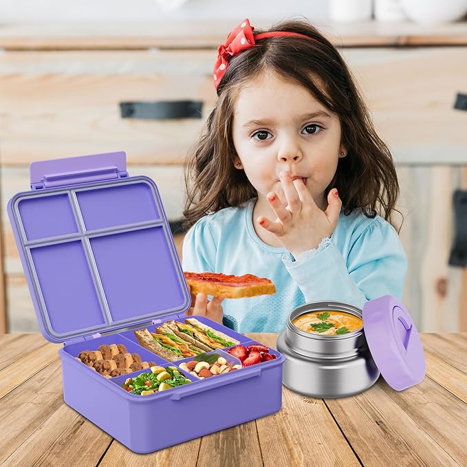 Bento Box for Kids with Thermo Food Container (9oz), 4-Compartment Lunch Box, Adjustable Divider, Leakproof Bento Lunch Box, Includes Utensils & Carry Bag for School, Office(Purple)