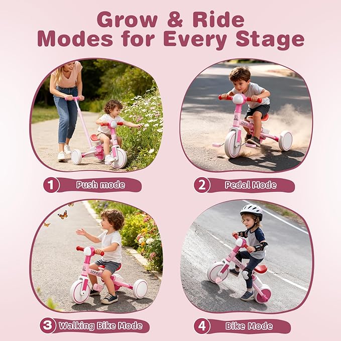 Ridego 5-in-1 Tricycle for Toddlers 2-5 Year Olds, Kids Balance Bike & Toddler Push Bike with Parent Handle, RGB Music Light, Tool-Free Assembly Birthday Gift for Boys Girls