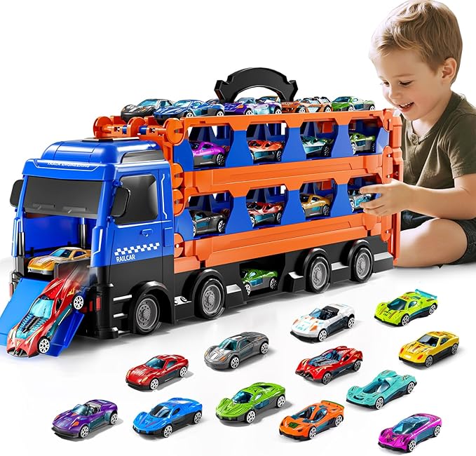 Cars Truck Set Transport Toy for Kids, Race Track Set with 12 Die-Cast Cars, Trucks Playset, 2-Tier Launching Tracks, Carrier Toy for Boys Girls Birthday Gifts for Boys Ages 1-3 2-4 3-5 4-7