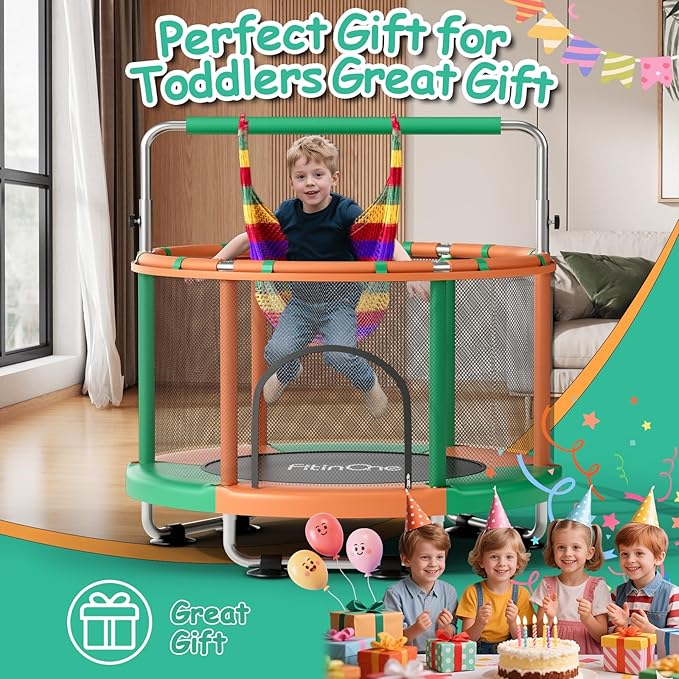 55" Toddler Mini Trampoline for Kids, Indoor Outdoor Toys with Swing, 440lbs Baby Kids Trampoline, Gymnastics Bar, Birthday Gifts for Boy Girl Age 1-8