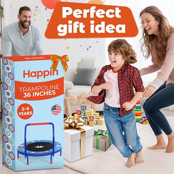 Happin® 36" Mini Foldable Toddler Trampoline for Kids with Height-Adjustable Handle, Noise-Free Kids Trampoline Indoor with Super Safety Pad & Durable Steel Frame, Indoor/Outdoor