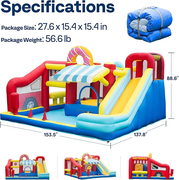 VIVOHOME 9 in 1 Bounce House for Kids, Market Theme Inflatable Bouncy Castle with Slide, 13x11 FT Inflated Bouncer for Outdoor with Blower, Basketball, Climb, Jump Area, Ball, Water Pool, Hoop