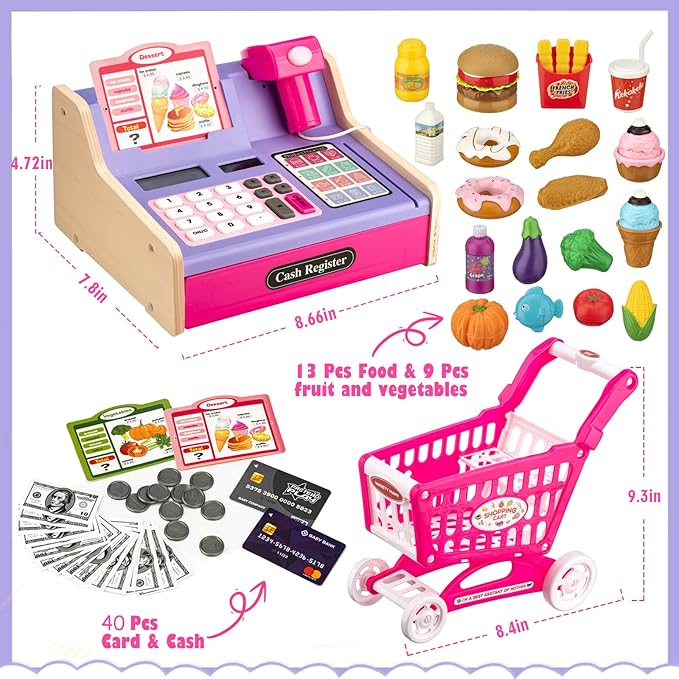 Wooden Cash Register for Kids with Shopping Cart Rechargeable Kid Cash Register with Scanner Gift for Kids Age 3 4 5 6 7 8 9 Year Old Pretend Play for Toddlers Toys for 3-12 Year Old Girls