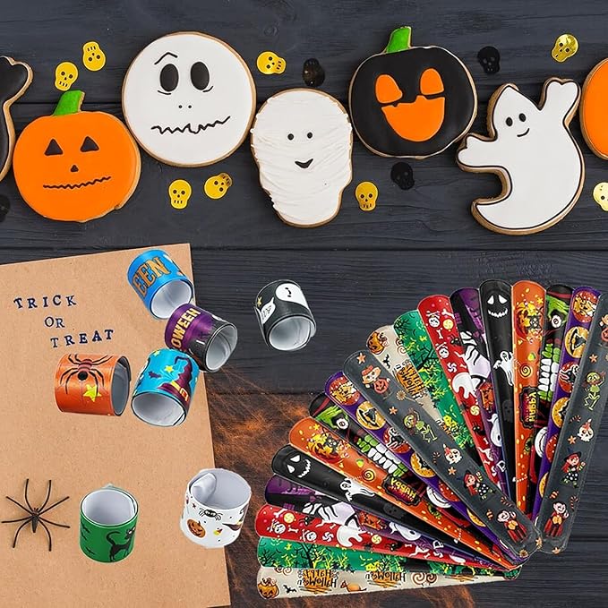 100Pcs Halloween Slap Bracelets, Halloween Party Favors Treat Toys for Kids Girls Boys, Slap Bracelets Bulk for Halloween Party Supplies, Halloween Treat Goodie Bags Gifts
