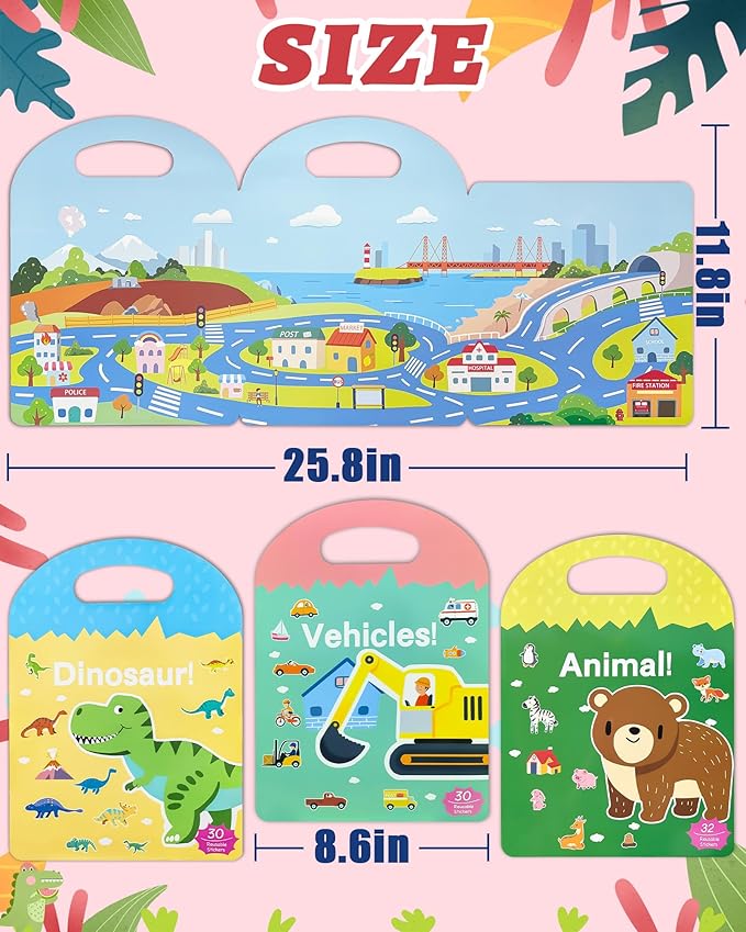 Benresive Reusable Sticker Book for Toddlers 2-4 Years, 3 Sets Travel Stickers for Kids, Waterproof Sticker Books for Toddlers 1-3, Crafts Activities for Todddlers 1-3 2-4 3-5