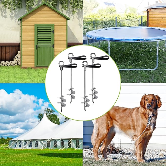 Fully Welded Ground Trampoline Anchors, 30'' Spiral Mobile Home Anchors, 2pcs Earth Anchor Heavy Duty Shed Anchor Kit with Straps for Securing Swing Sets, Animals, Trees, Tents, Shed, Carport