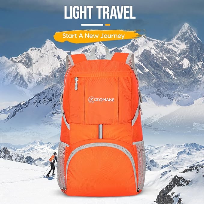 ZOMAKE Lightweight Packable Backpack 35L, Light Foldable Backpacks Water Resistant Collapsible Hiking Bag, Compact Folding Day Pack for Travel Camping(Orange)