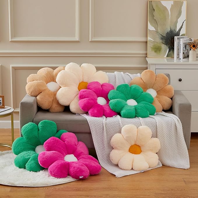 20" Large Peach Flower Pillow Seat Cushion – Faux Rabbit Fur Plush Throw Pillow, Cozy Floor Cushion & Gift for Kids Girls Adults