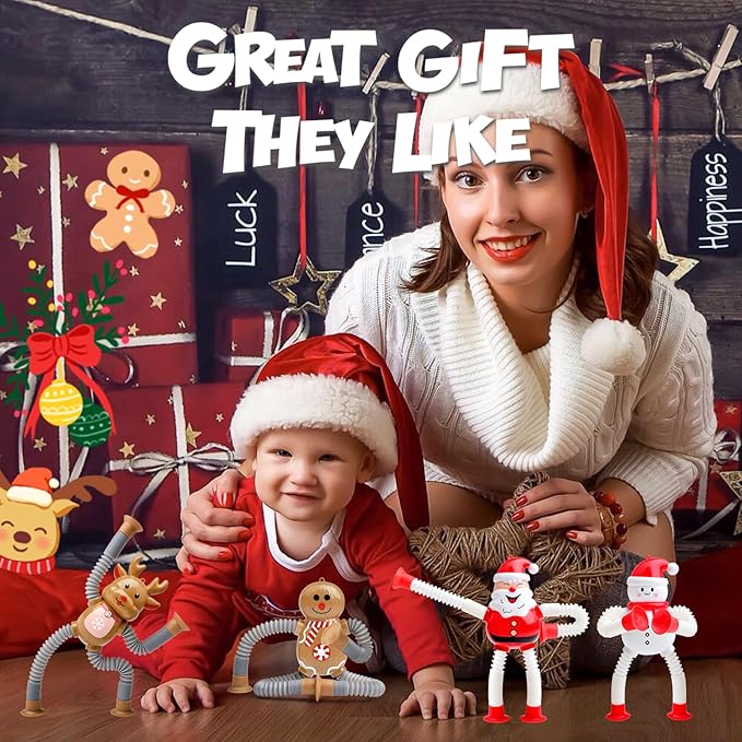4Pcs Telescopic Suction Cup Christmas Toys,Sensory Toys for Kids 3-5 5-7,Toddler Toy,Fidget Toy,Toddler Travel Essential for Airplane,Pop Tubes, Christmas Stocking for Kids Boys Girls F