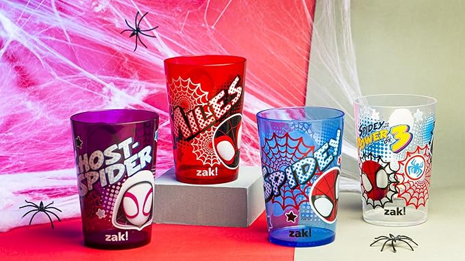 Zak Designs Marvel Spider-Man Nesting Tumbler Set for At Home, 14.5oz Non-BPA Plastic Cups, 4-Pack (Spidey and His Amazing Friends)