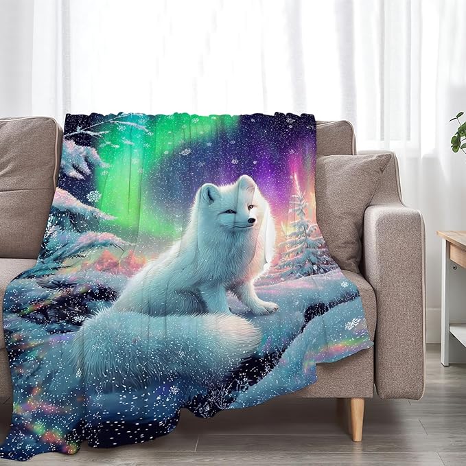 White Fox Blanket Winter Aurora Night Animal Throw Blankets Gifts for Girls Boys Kids Fox Lover Soft Cozy Fleece Plush for Couch Sofa Bed 60"x50"