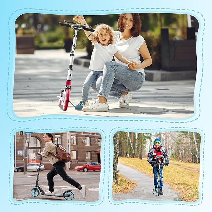 Scooter for Kids Ages 8+ Teens & Adults, Lightweight Kick Scooter with Carry Strap Adjustable Height Equipped with Front handbrake and Rear Brake, Big Sturdy PU Flash Wheels