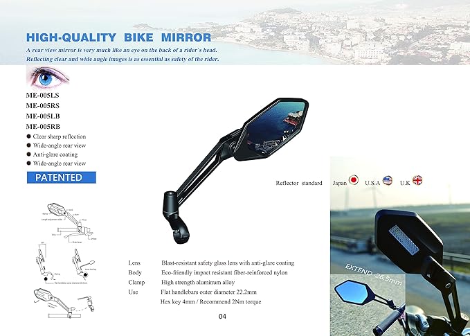 MEACHOW New Scratch Resistant Glass Lens,Handlebar Bike Mirror, Adjustable Safe Rearview Mirror, Bicycle Mirror (Blue Right Side) ME-005RB