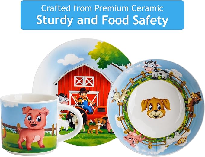 MIAMIO β Set of 3 Kids Dinnerware Set/Porcelain Children Dishes, Kids Dish Set, Childrenβs Tableware Set - Includes Plate, Bowl and Cup β For Kids and Toddler (Farm)