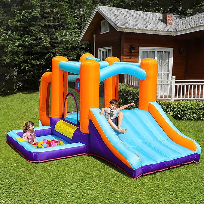 TABU Inflatable Bounce House with Slide, Kids Bounce Castle for Indoor Outdoor Play, Jumping Castle with Air Blower, Ball Pit Pool, Basketball Hoop & Football Goal, for Kids Aged 3-8 (158x116x72.8IN)