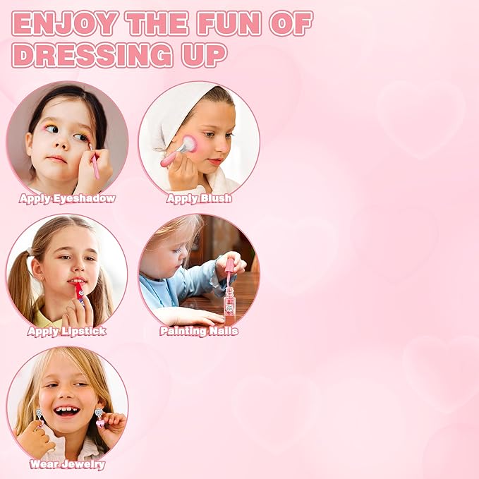 99 Pcs Kids Makeup Kit for Girls, Princess Toys Real Washable Cosmetics Set with Mirror, Hair Ties, Nails, Rings, Earrings, Necklace, Perfect for 3 4 5 6 7 8 Year Old Girls Birthday