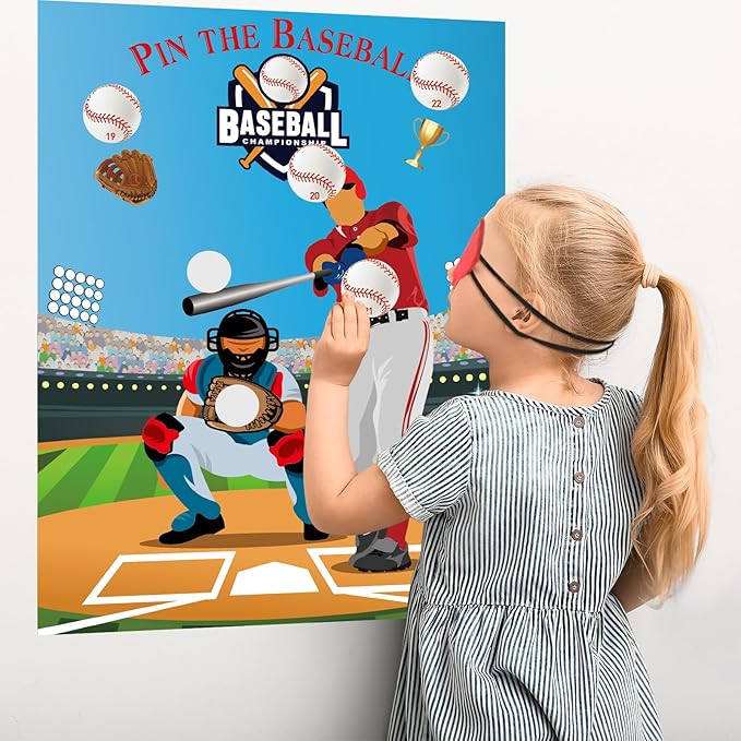 PLULON Pin The Baseball Party Game for Kids Pin the Baseball on the Glove and Bat Large Baseball Poster with Baseball Stickers for Boys Girls Birthday Party Wall Decorations Classroom Activities