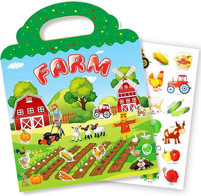 Reusable Sticker Books for Kids, Travel Removable Toddler Farm Sticker Books for 3 4 5 Year Old Girls Boys Birthday Gifts Educational Learning Toys