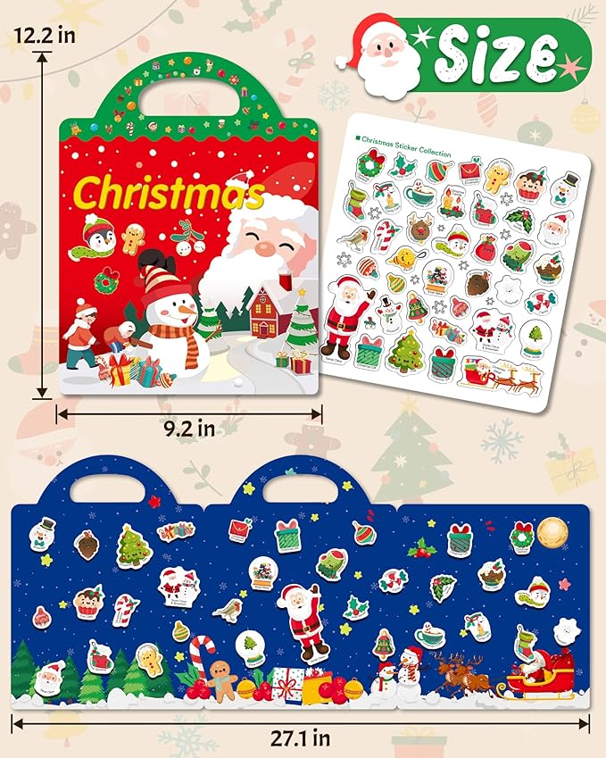 Benresive Reusable Sticker Book for Toddlers 2-4 Years, Fun Travel Stickers for Kids, Waterproof Sticker Books for Toddlers 1-3, Crafts Activities for Toddler 1-3 2-4 3-5 - Christmas