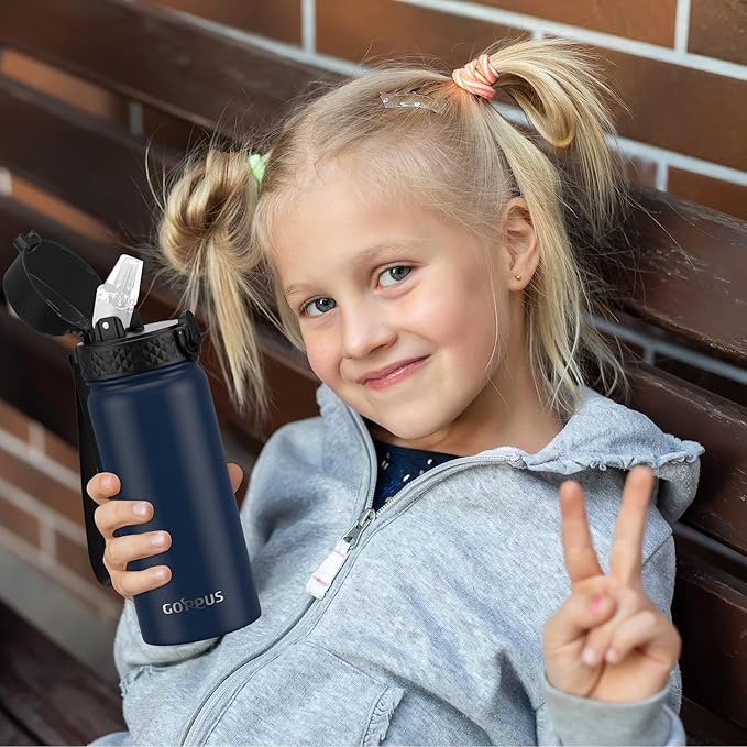 Kids Water Bottle, GOPPUS 18 Oz Stainless Steel Travel Bottle, Double Wall Vacuum Leak Proof Kids Cup for School Boys Girls, Navy Blue