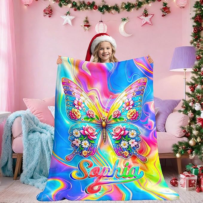 Custom Baby Girl Blanket with Name Personalized Soft Throw Blanket Gift for Newborn, Toddler, Teens to Adult for Birthday, Baby Shower, Christmas (Girl-02)