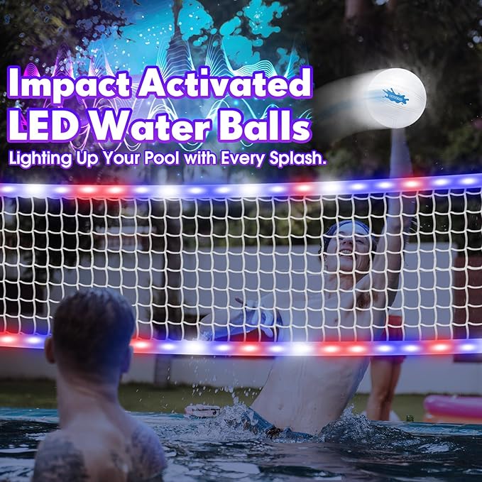 2-in-1 LED Pool Volleyball & Basketball Game Set, Light Up Pool Sport Combo Set with 14in LED Rim/4 Glow Balls/2 Base/Pump, Inground Swimming Pool Toy Game for Adults & Family