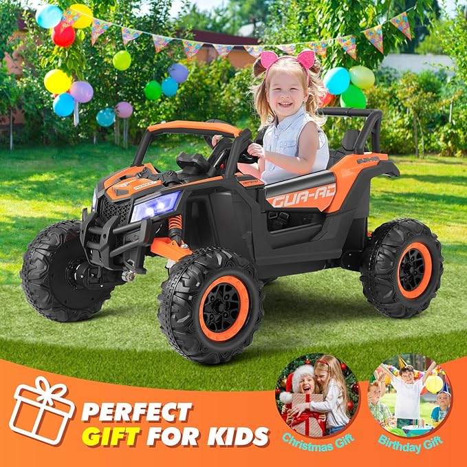 JOYLDIAS 4WD Ride On Car, 12V Battery Powered Electric Off-Road UTV for Kids, 4X4 Electric Vehicle with 4 Powerful Engines, 2.4G Remote Control, Music, Bluetooth, LED Lights for Boys and Girls, Orange