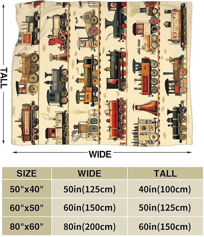 Train Blanket, Steam Train Blanket, Vintage Car Gifts Blankets Stuff Fleece Flannel Plush for Boys Men Women Girls Lovers Adults Soft Bedding Gift for Sofa Bed Office Home Decor 80"x60"