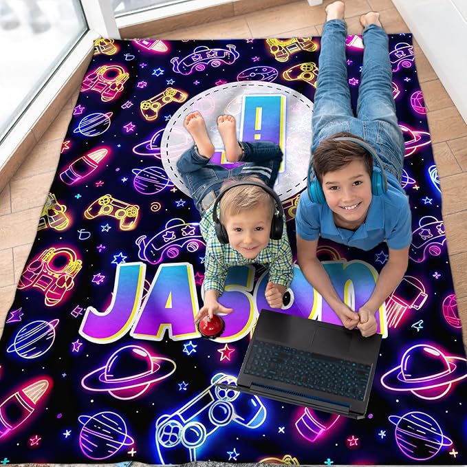 Game Gifts for Kids Toddler Teens, Personalized Throw Blanket with Name Initial Letter for Boys, Cute Custom Monogram Soft Fuzzy Blankets for Bed Couch Sofa Decor
