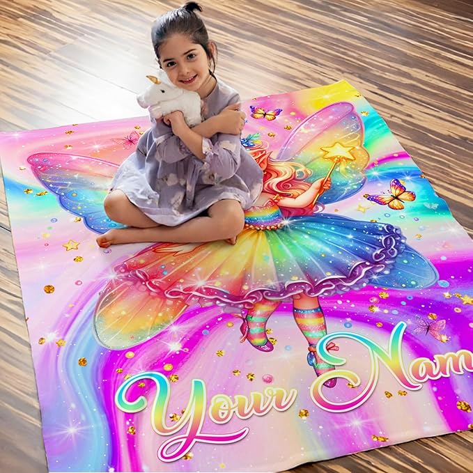 Personalized Name Blanket for Girls, Fairy Throw Blanket Gift for Kids Teens Girls Age 6-8, 50"x40" Custom Name Blankets for Couch Sofa Bed Bedroom Decor Travel