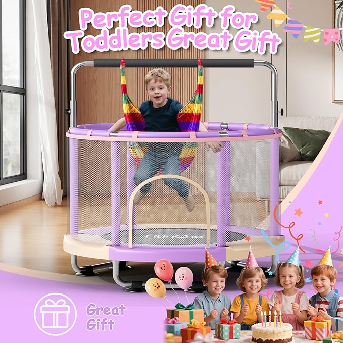 55" Toddler Mini Trampoline for Kids, Indoor Outdoor Toys with Swing, 440lbs Baby Kids Trampoline, Gymnastics Bar, Birthday Gifts for Boy Girl Age 1-8