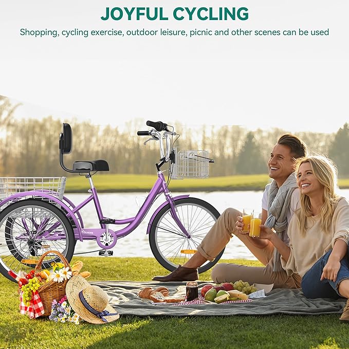 YITAHOME 24 & 26 Inch Adult Tricycle, 1 & 7 Speed 3 Wheel Bikes, Large Seat with Backrest Trike for Adults with Front & Rear Baskets, Cruiser Bike for Seniors Women Men Commute Picnic Outdoor
