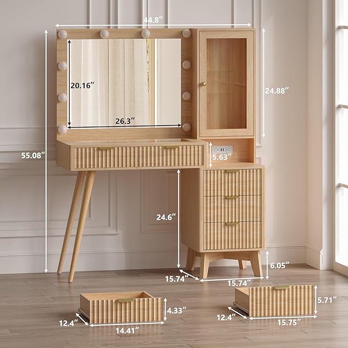 Makeup Vanity Desk with Mirror and Lights, 45" Fluted Wood Vanity Desk with Glass Top, 5 Drawers & RGB Glass Cabinet, Power Outlet, Mid Century Modern Dressing Table Set for Women Girls Bedroom