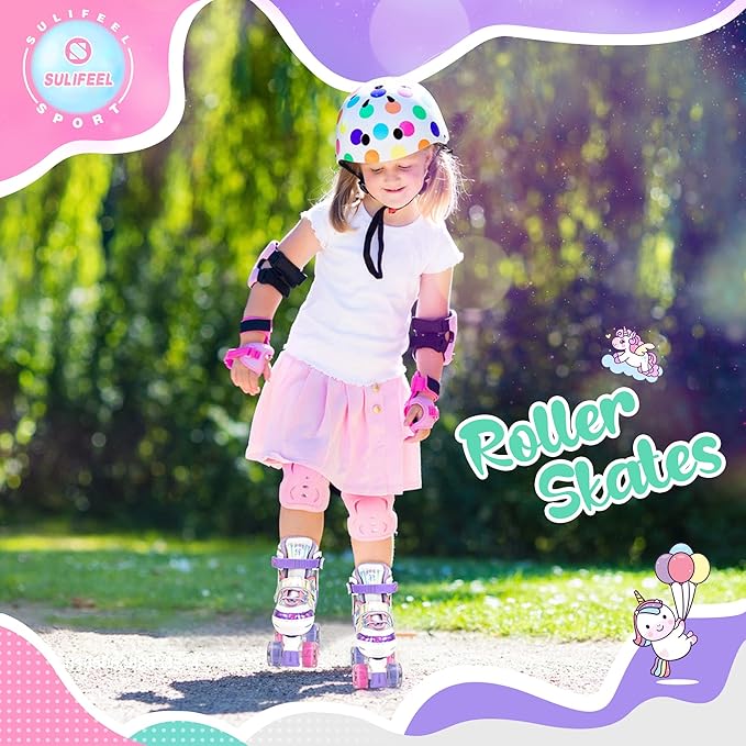SULIFEEL Rainbow Unicorn 4 Size Adjustable Light up Roller Skates for Girls Boys for Kids