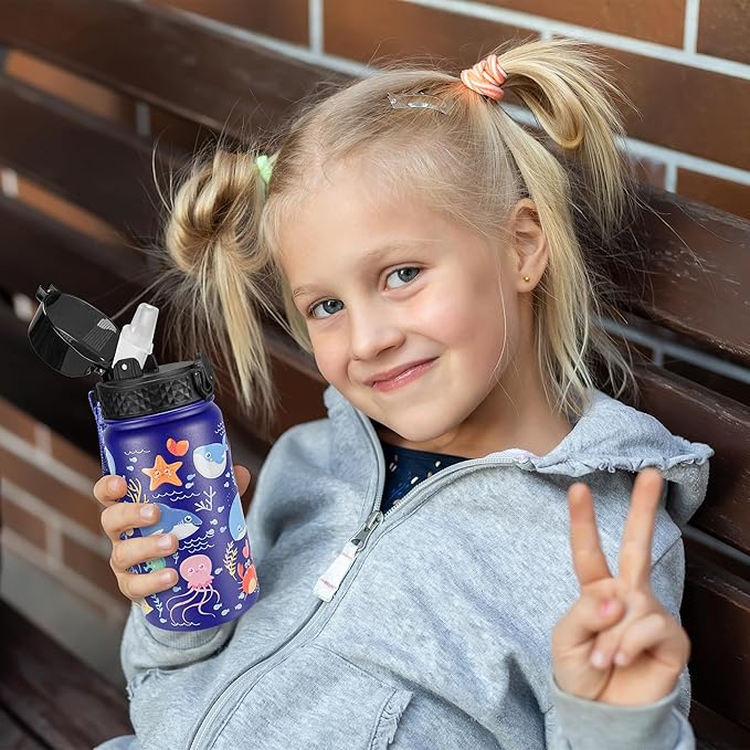 GOPPUS Kids Water Bottle (Straw Lid) - 14 Oz Stainless Steel Travel Bottle, Double Wall Vacuum Leak Proof Kids Cup for School Boys Girls,Under the Sea