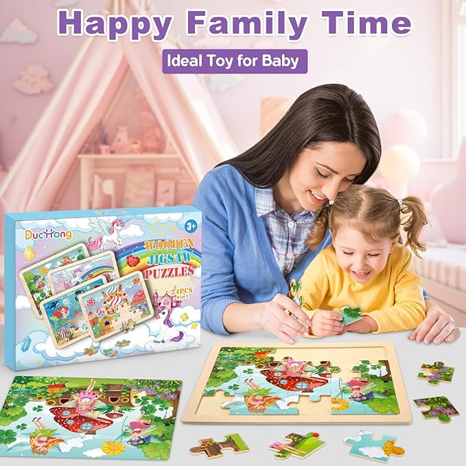 Puzzles for Kids Ages 4-6, 4 Packs Wooden Jigsaw Puzzles for Toddlers 2-4, Princess Unicorn Mermaid Fairy Preschool Educational Puzzles Boards Toys Gifts for Girls Boys 3 4 5 6