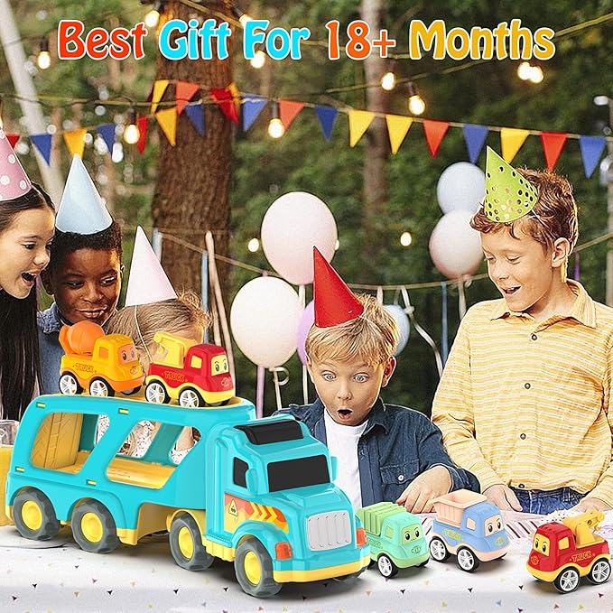 Veslier Toy Trucks for 2 3 4 5Years Old,Construction Transpor Trucks for Toddlers 2-4 Years with 4 Pull Back Cars for Toddlers 2-4,Christmas Birthday Gift for 18M+ 2 3 4 5 Years Old Kids Boys Girls.