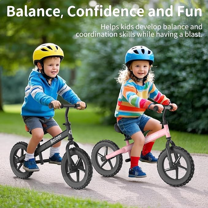 BELEEV C2 Toddler Balance Bike for 2-5 Year Olds with LED Light-Up Wheels, Adjustable Seat & Handlebar & Footrest, 12 inch No-Pedal Training Kids Push Bicycle - First Birthday Gift for Boys & Girls