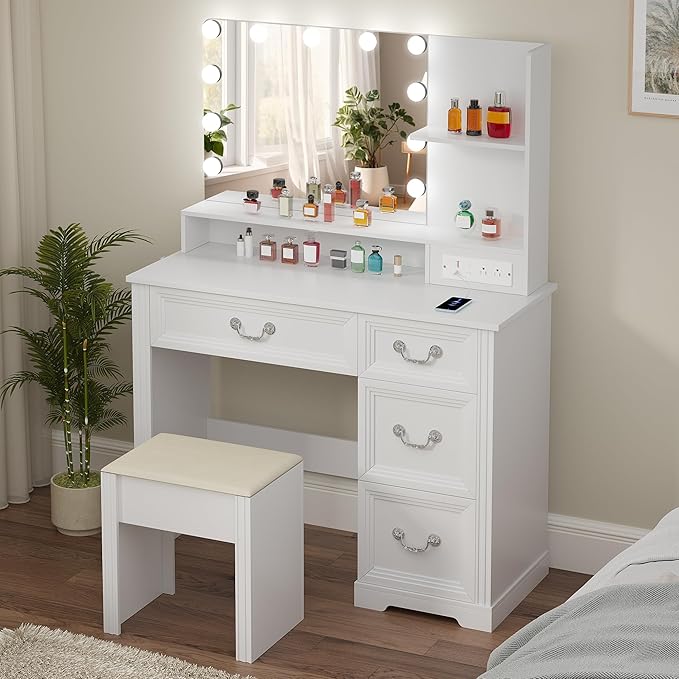 Vanity Desk with Mirror Light and Power Outlet, 39 inch Farmhouse Makeup Table Set with Stool, 3 Color Adjustable Lights Bedroom Dressing Table with 4 Drawer for Women Girls Teens, White